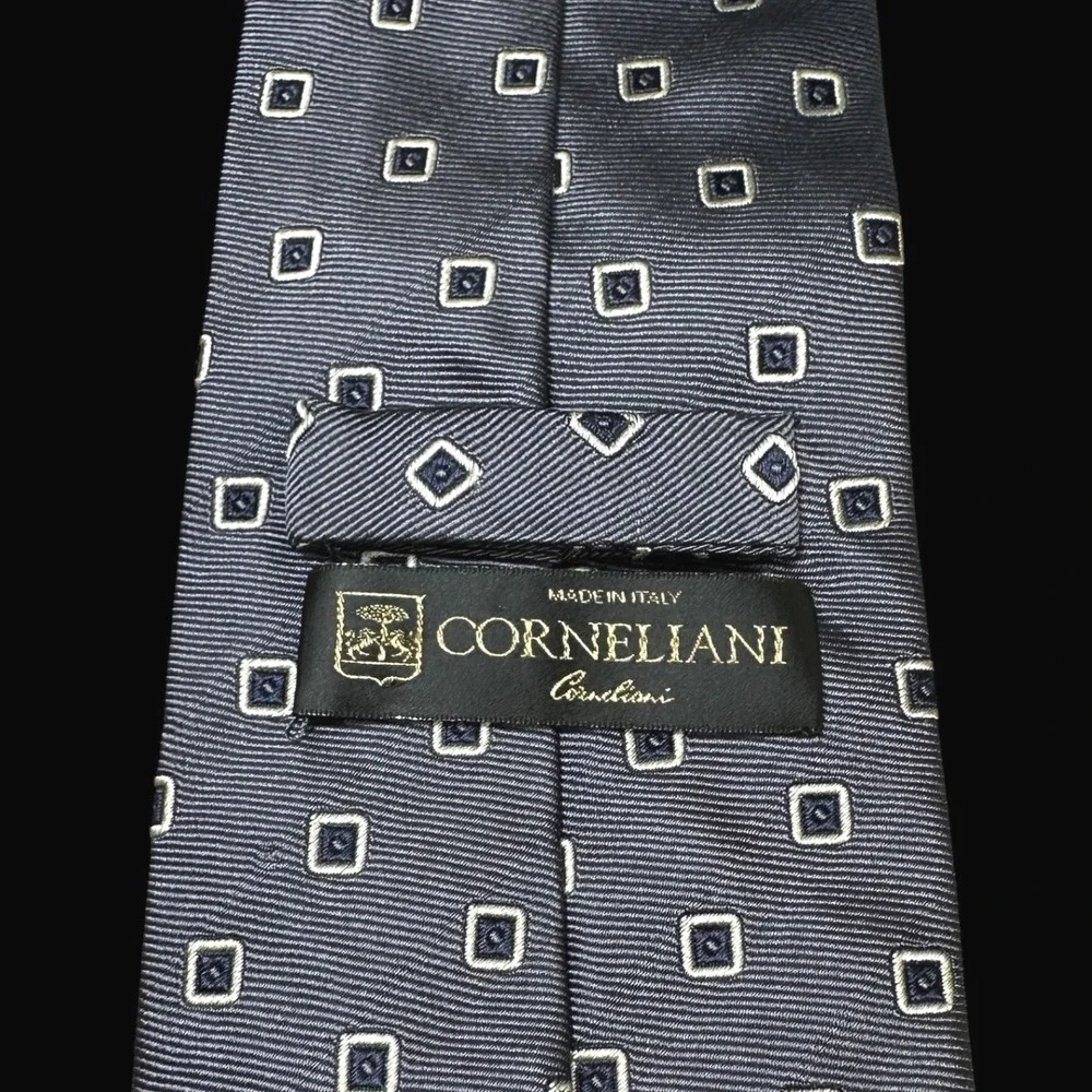 Corneliani Italy Silk Tie Grey Blue Geometric Square Hand Stitched Men Necktie